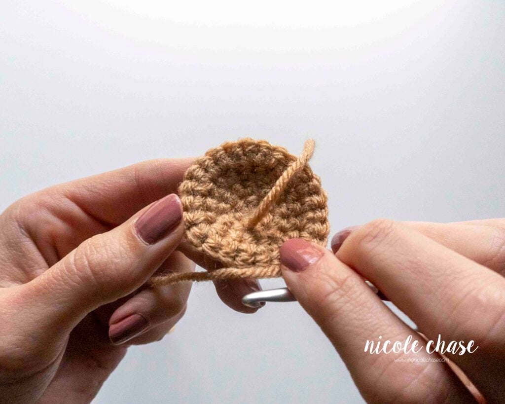 The inside of the amigurumi piece showing the wrong side of the stitches.