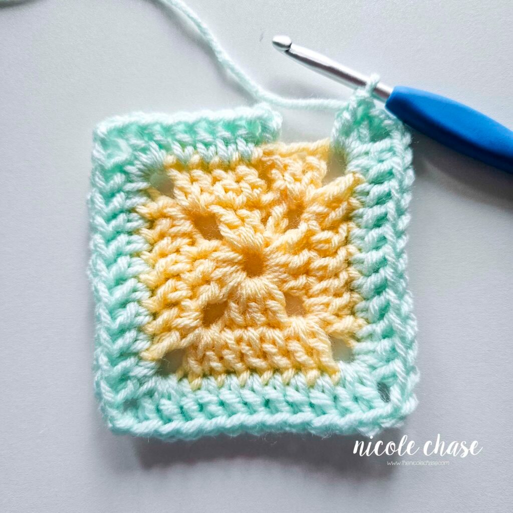 R3 of crocheting the blanket portion of the lion lovey crochet pattern in a mint color, part 9.