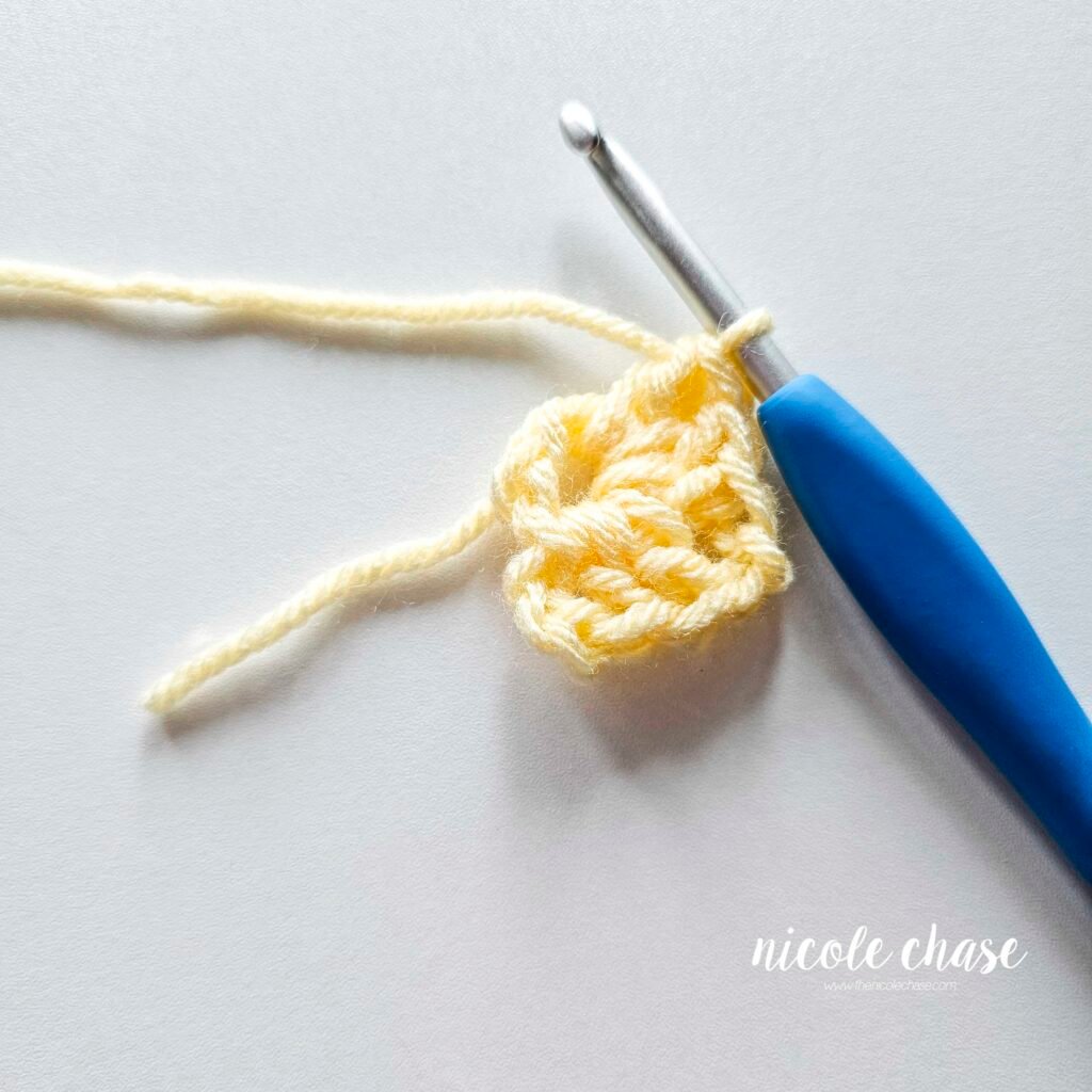 R1 of crocheting the blanket portion of the lion lovey crochet pattern, part 6.