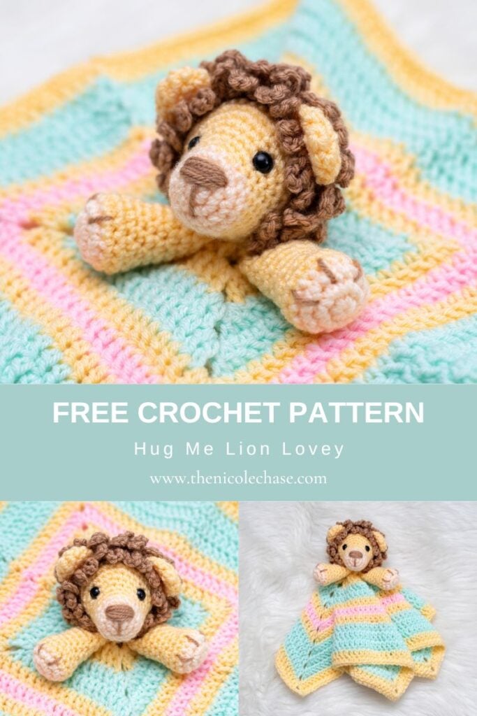 Collage of the finished Hug Me Lion Lovey crochet security blanket pattern. Free tutorial making this adorable lion amigurumi and striped baby blankie gift.