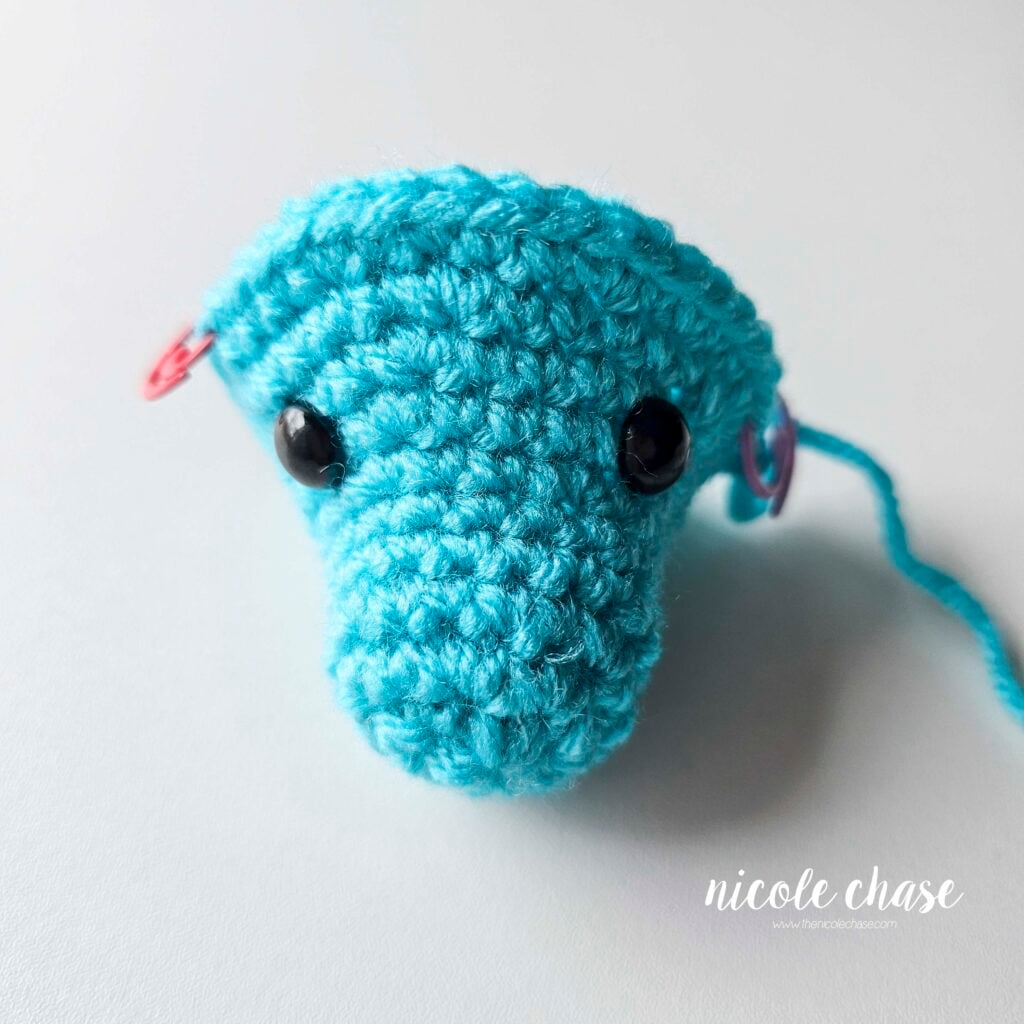 The head of Danny the Dragon after the black safety eyes have been inserted between R8 and R9, to demonstrate the proper eye placement.