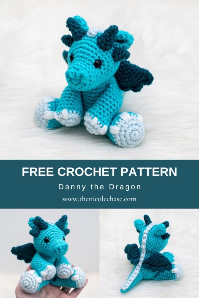 Pinterest pin image for a free dragon crochet pattern featuring a collage of 3 photos with various angles of the blue dragon with teal wings and light blue details. One image shows the dragon held in a hand for scale, and another is a view of the back details of the dragon. A dark teal banner across the image reads "FREE CROCHET PATTERN, Danny the Dragon, www.thenicolechase.com"