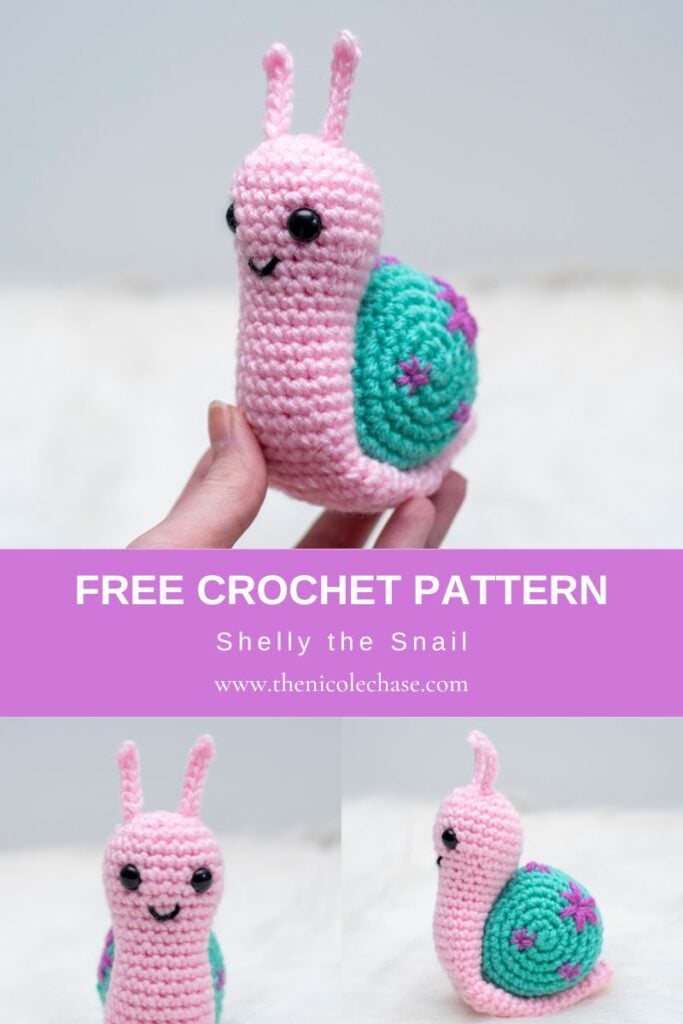 A collage image for a Pinterest pin titled "FREE CROCHET PATTERN, Shelly the Snail" on a purple banner. It includes three photos of a crocheted amigurumi snail. The top photo shows the full snail with a pink body and a teal shell with purple embroidered flowers, held in a hand. The bottom two photos are close-ups of the snail's face and the detailed flower embroidery on its shell.