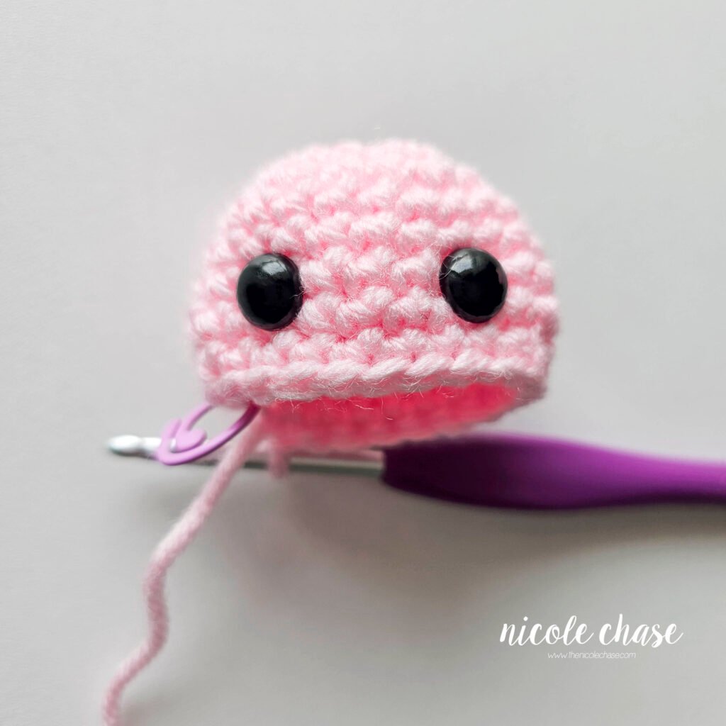 Close up of the head of Shelly the Snail after the completion of R9 to show the proper safety eye placement.