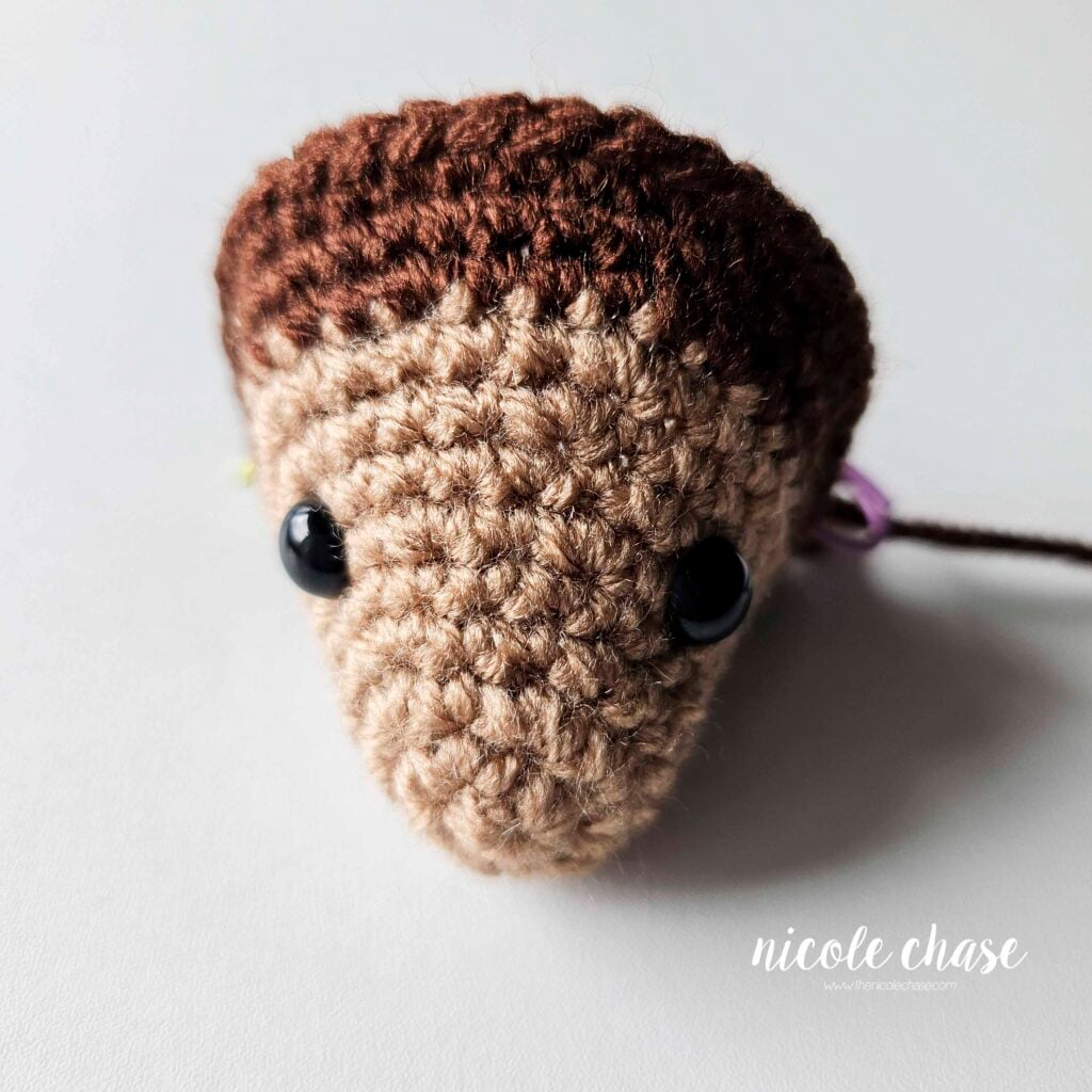 The head of the crochet monkey after R12, demonstrating the proper placement of the safety eyes between R6 and 7.