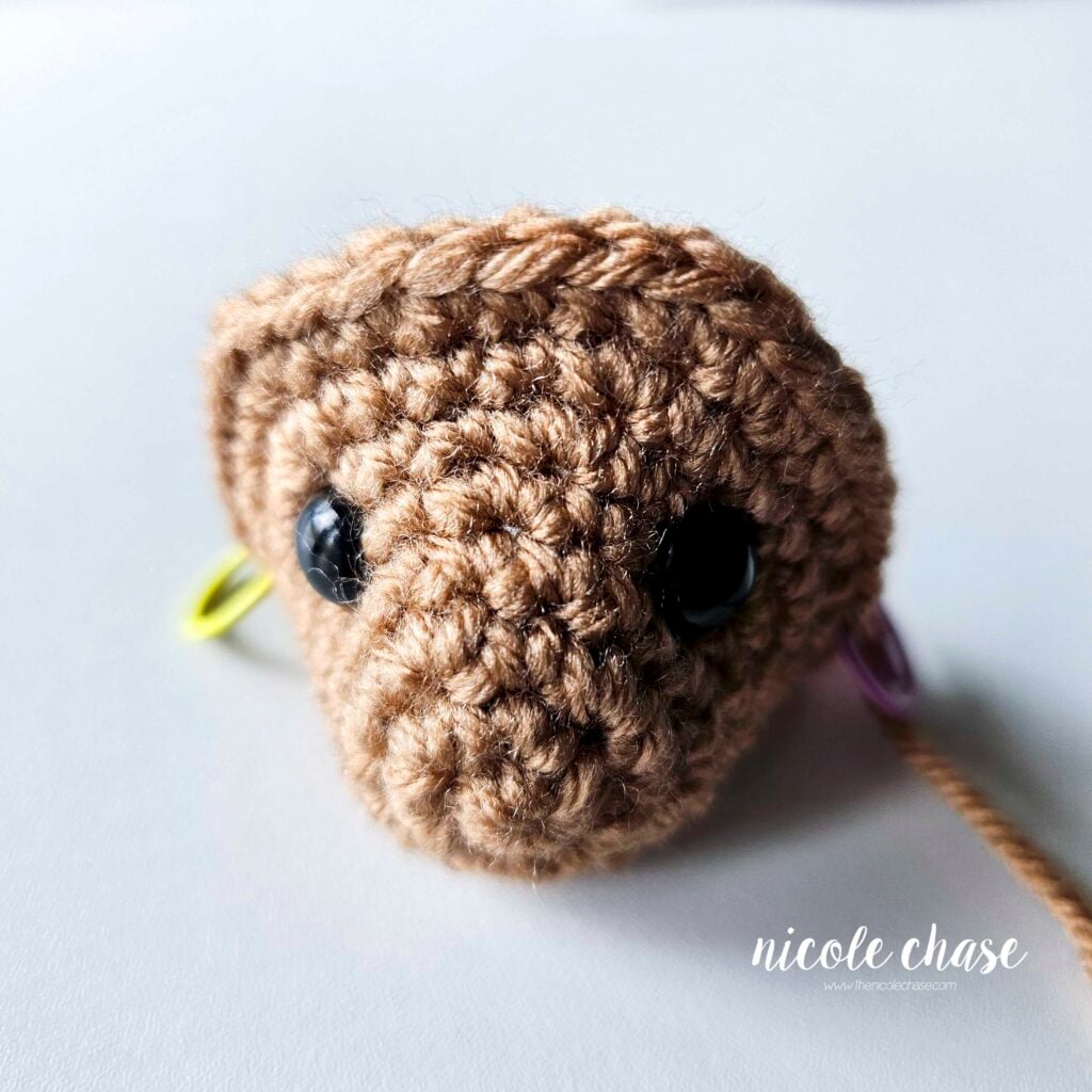 The otter's crochet head after the completion of R8, demonstrating the proper placement of the black safety eyes between R5 and 6, with 6 sts visible between each eye.