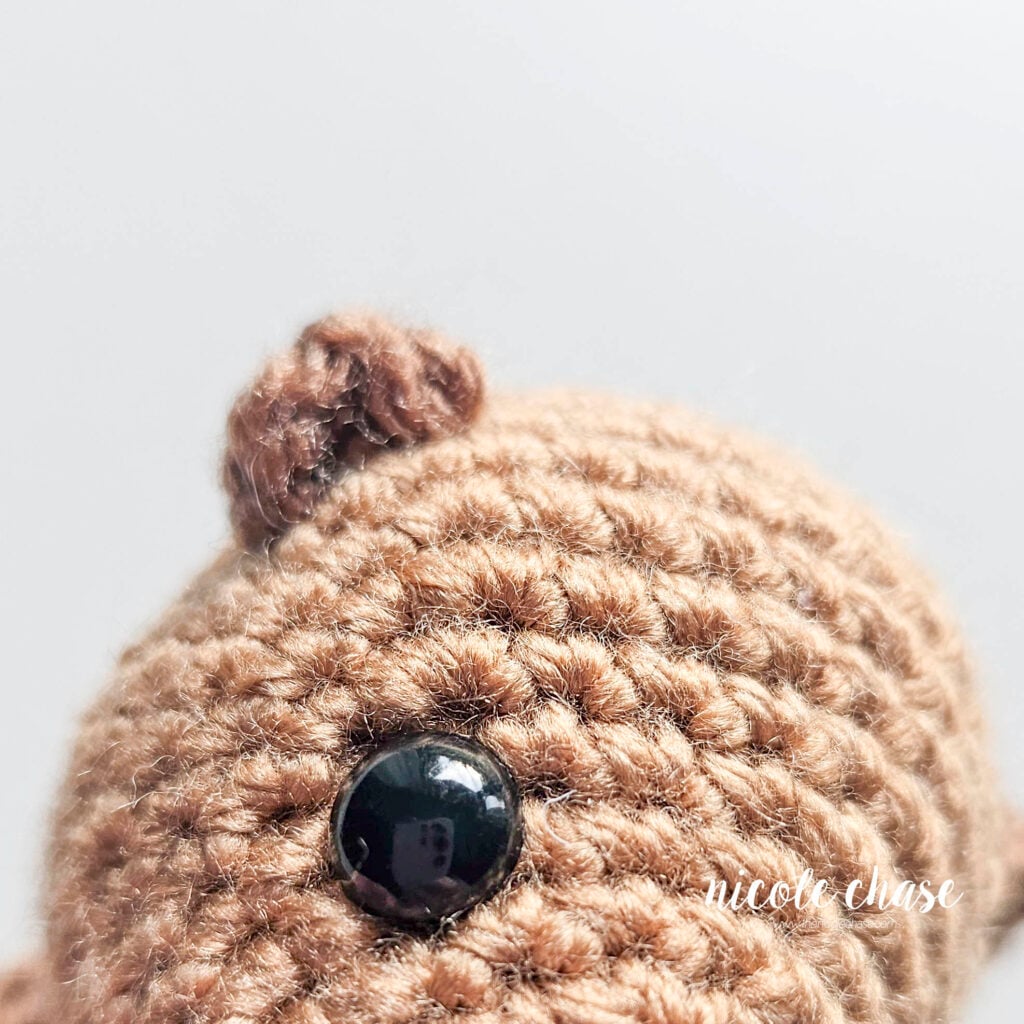 A close up view of the front of one crochet ear, sewn into a C shape on the side of the head.