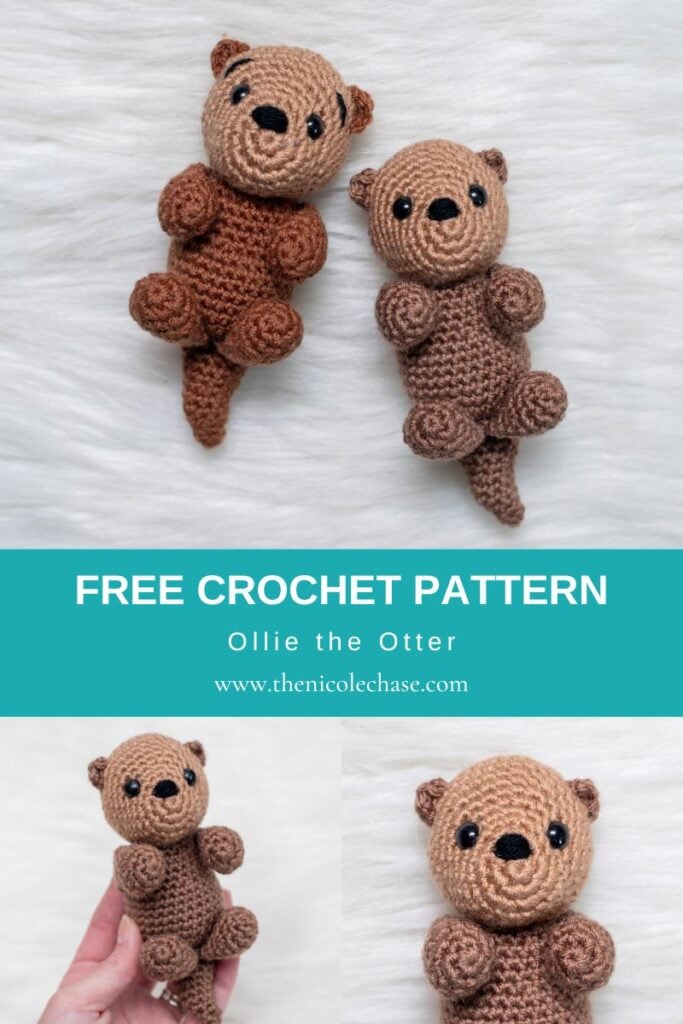 Pinterest pin for a free otter crochet pattern showing three photos of Ollie the Otter amigurumi on a white background. A teal banner reads "FREE CROCHET PATTERN Ollie the Otter" with the website thenicolechase.com.