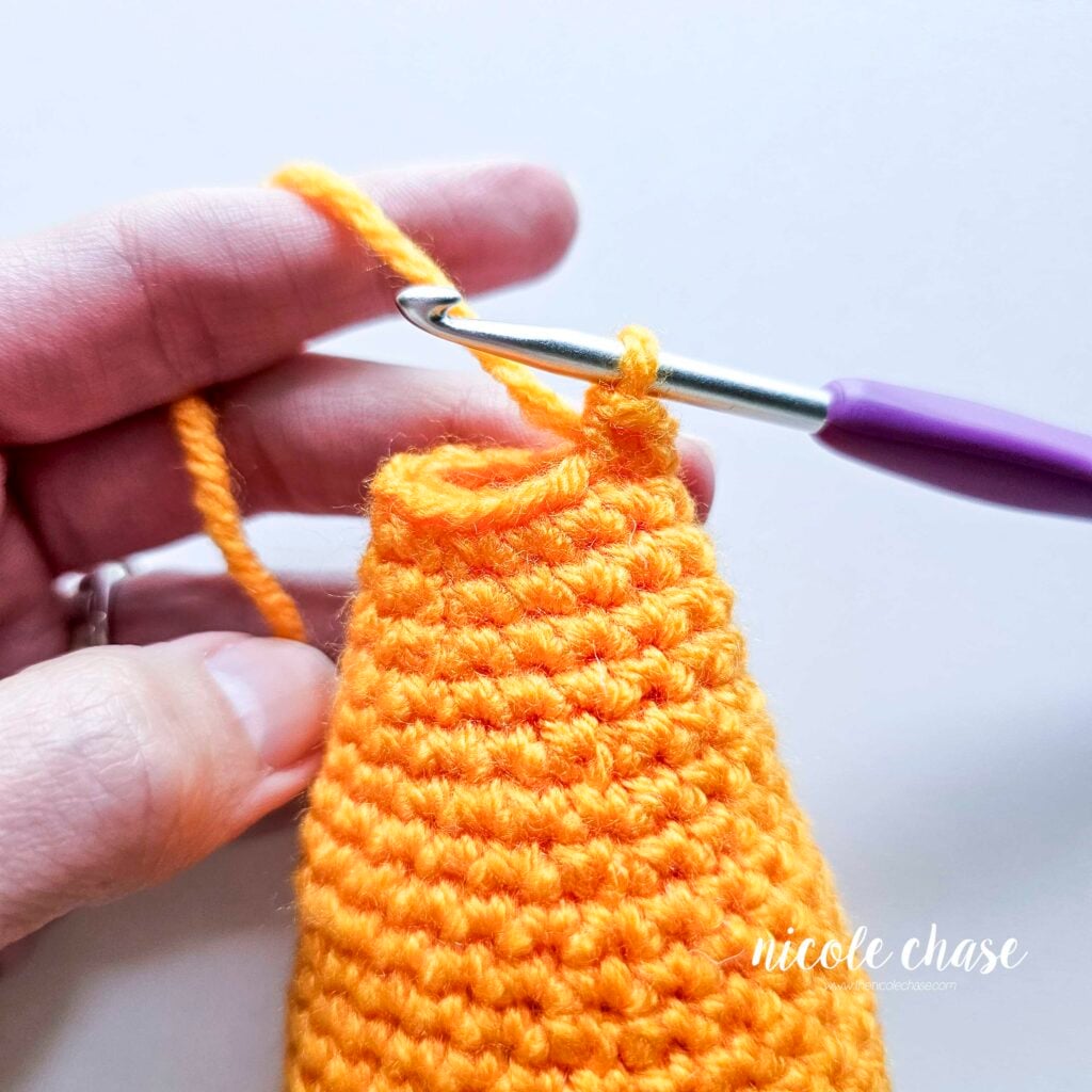 The end of the fish is folded closed and the first single crochet stitch is joining the two sides together.