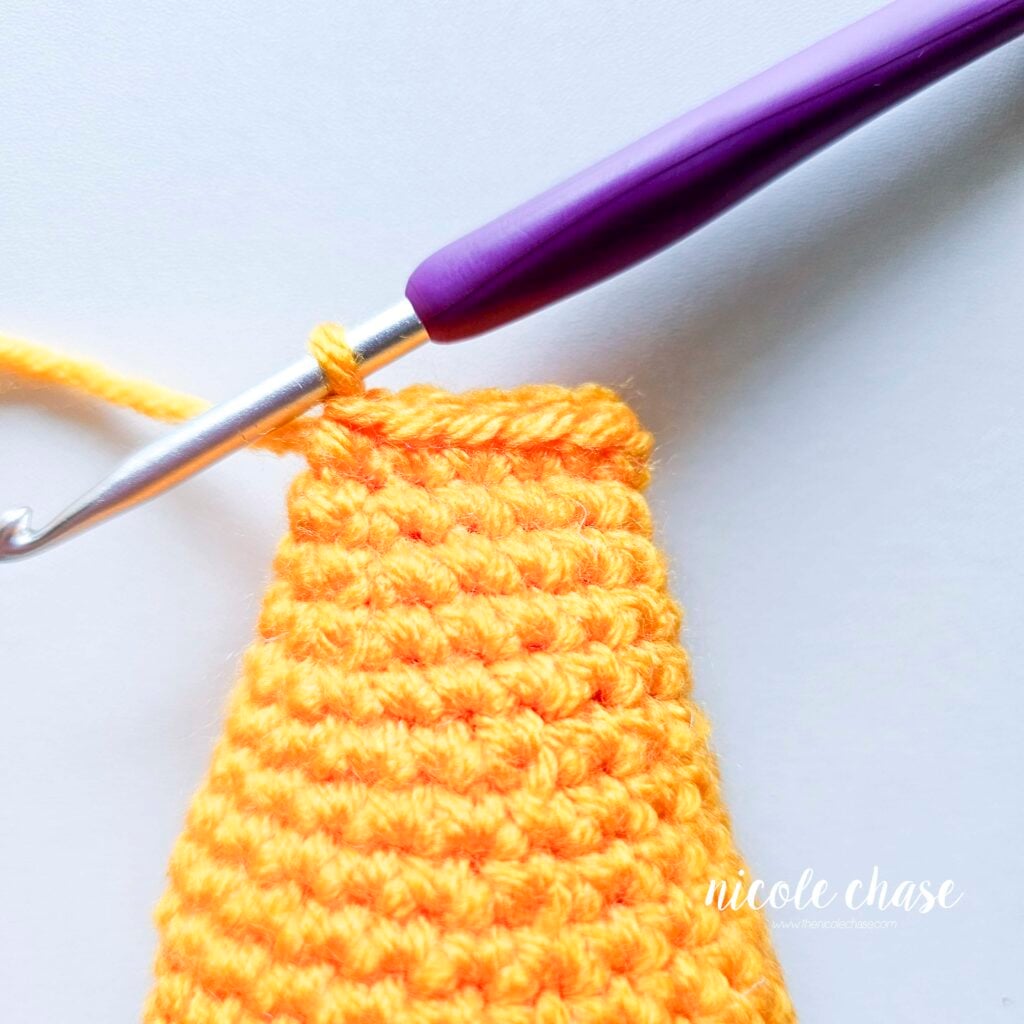 The end of the fish has been entirely crocheted closed with single crochet stitches.