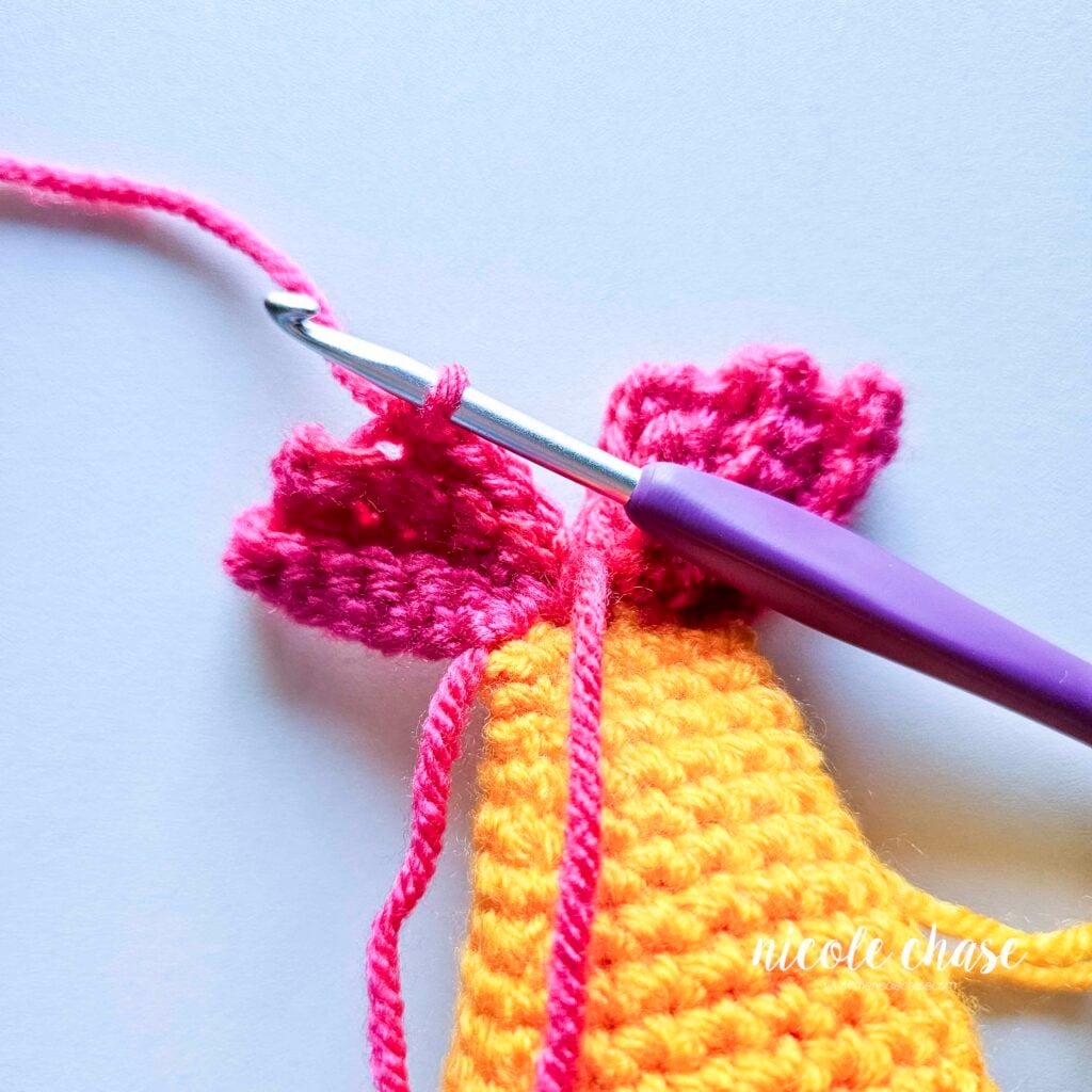 The single crochet stitches of R4 of the tail fin of the fish.