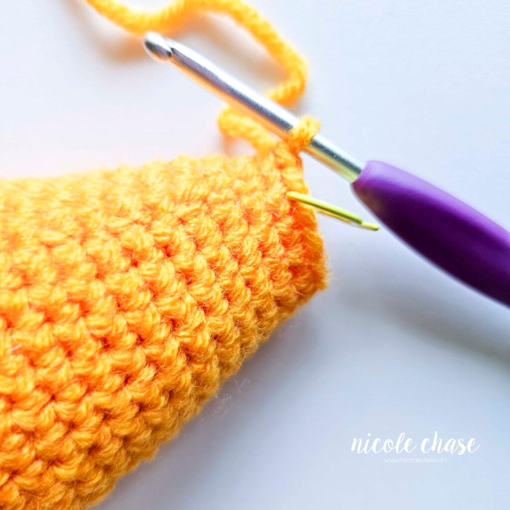 The end of the Finley the Fish pattern after R26a, still having the stitch marker in place.