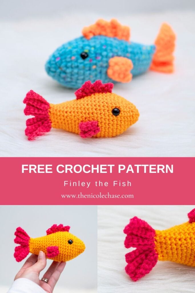 A Pinterest pin graphic with a pink banner reading "FREE CROCHET PATTERN, Finley the Fish" The top half shows two crocheted fish on a white fur surface: one orange and pink fins and one blue with orange fins. The bottom left corner shows a hand holding the orange fish, and the bottom right corner shows a close-up detail of the textured pink tail fin.