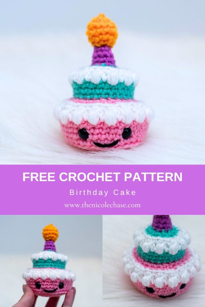 Pinterest graphic featuring three photos of a small, two-tiered amigurumi birthday cake and white puff frosting, safety eyes, an embroidered smile, and a purple candle with an orange flame. The top half shows a front-facing photo of the cake, followed by a purple banner with white text that reads 'FREE CROCHET PATTERN Birthday Cake www.thenicolechase.com'. The bottom shows a hand holding the cake for sale as well as an overhead close-up angle.