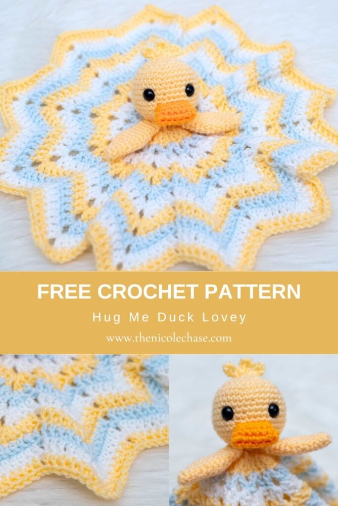 Pinterest graphic for a free crochet pattern featuring a star-shaped yellow and blue duck lovey, titled Free Crochet Pattern Hug Me Duck Lovey from thenicolechase.com.