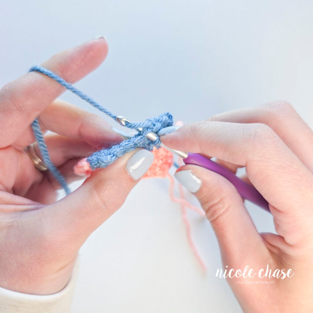 Pulling up a blue yarn loop through a single crochet stitch.