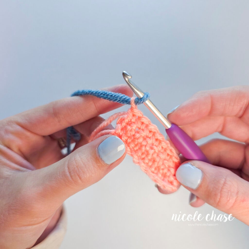Blue yarn has been pulled through the pink loop and is now the loop that is on the hook.