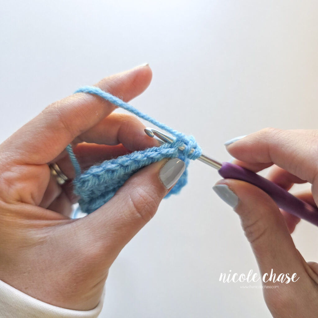 Inserting the crochet hook under both loops of the designated stitch. 