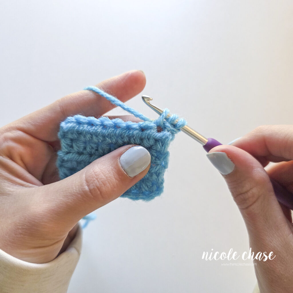 Three loops are now on the crochet hook after pulling up a loop. 