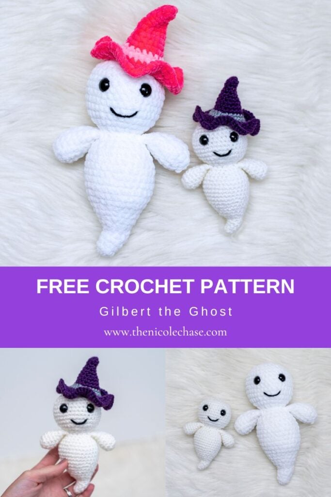 Pinterest pin graphic for a free ghost crochet pattern featuring photo collage of Gilbert the Ghost in plush chenille and worsted weight yarn with witch hats, with a purple banner. The text reads Free Crochet Pattern Gilbert the Ghost and the web address.