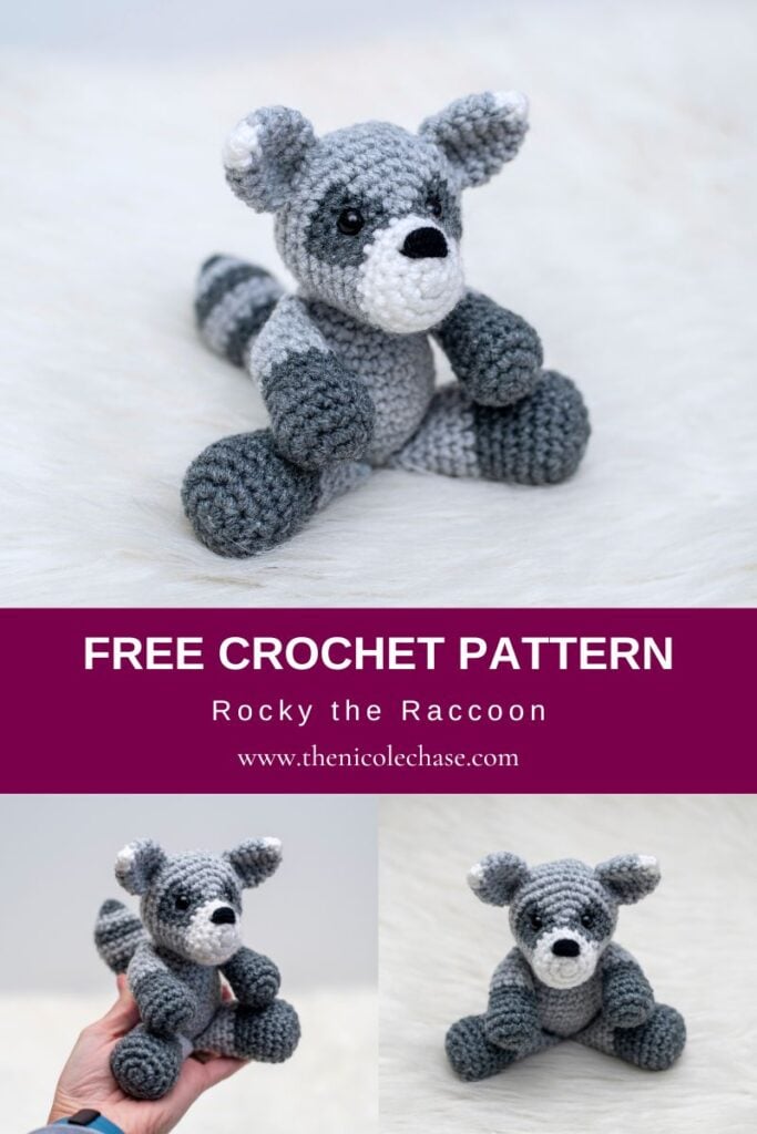 Pinterest graphic featuring photos of Rocky the Raccoon crochet plushie with text reading 'Free Crochet Pattern, Rocky the Raccoon', and the website url. 