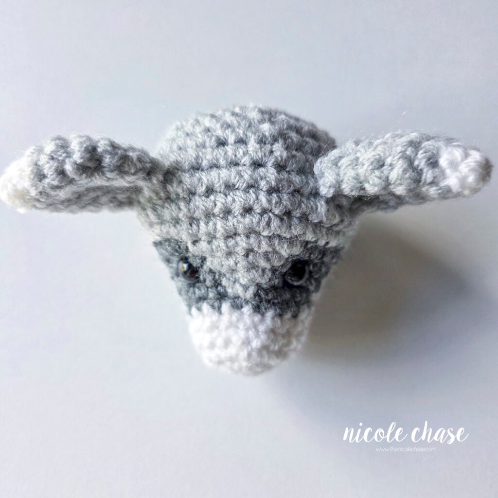 A top down view of the proper placement of the crochet ears on the head. 