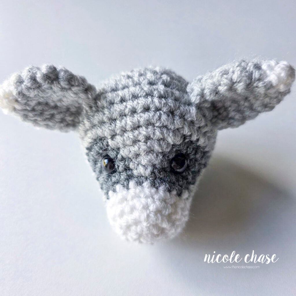 A front view of the ears sewn onto the top of the crochet raccoon head. 